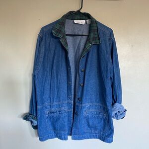 Denim Jacket with Green Plaid Collar